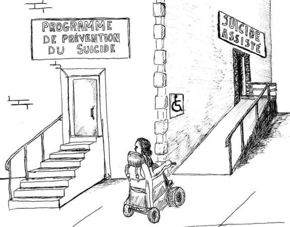 Un bâtiment pour le programme étatique du suicide assisté Le bâtiment a deux entrées, une uniquement accessible avec des marches, pas accessible en fauteuil roulant, au dessus de cette entrée il y a marqué "programme de prévention du suicide", une autre accessible avec une rampe, accessible en fauteuil roulant, il y a le logo fauteuil roulant mis sur le mur à côté de la rampe, au dessus de cette entrée il y a marqué "suicide assisté". Une personne en fauteuil roulant électrique se tient devant la rampe, le fauteuil en direction d'y aller, et regarde l'entrée avec des escaliers.